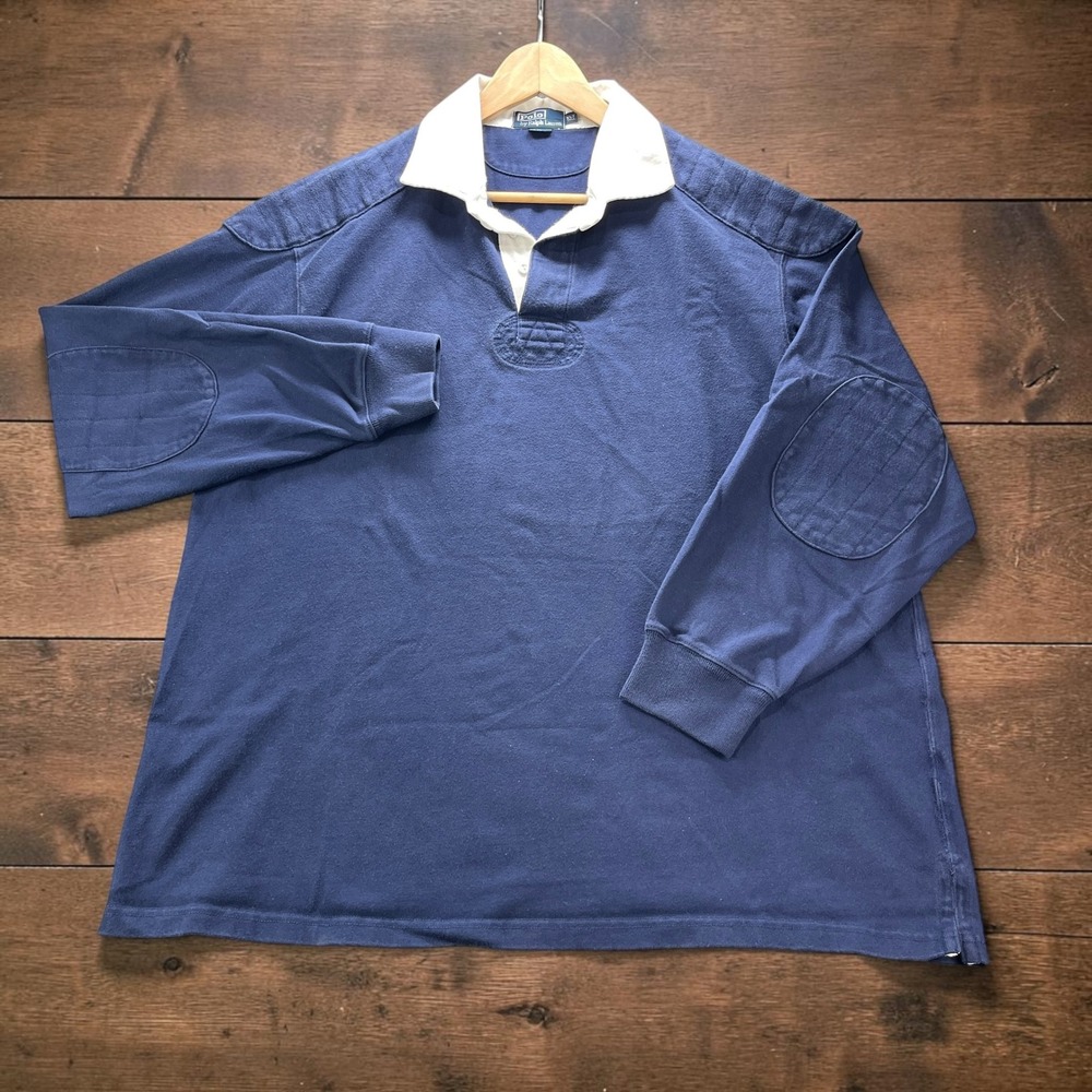 VTG Polo Ralph Lauren Mens XLT Navy Blue Long Sleeve Rugby Shirt Elbow Patches